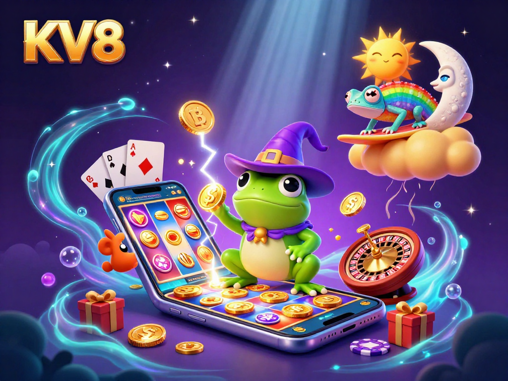 Experience a thrilling KV8 slot adventure with a wizard frog, chameleon, and dynamic game elements.