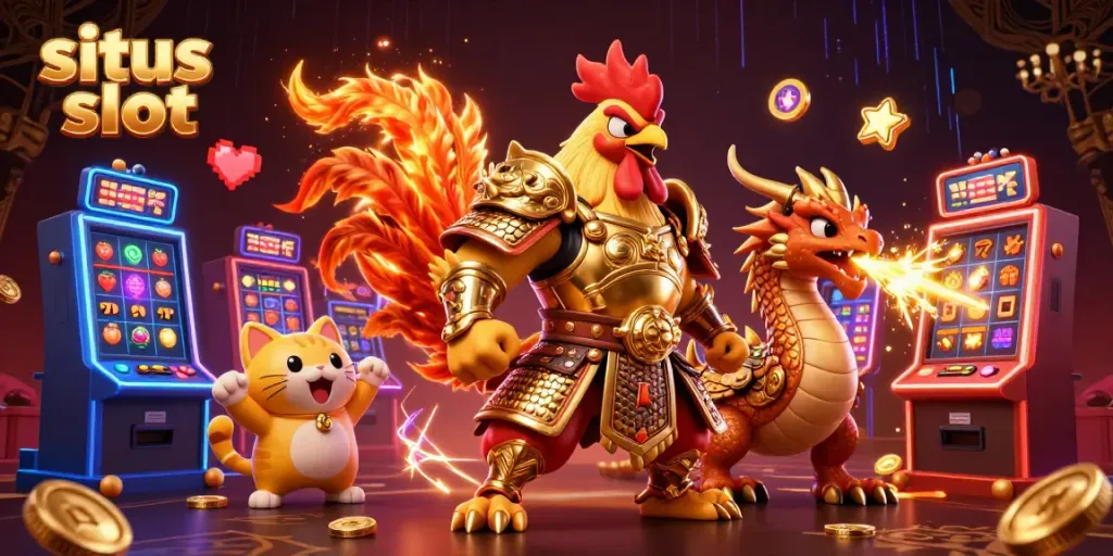 Gambarkan situs slot yang menarik dengan pahlawan ayam tempur dan naga di arena permainan.