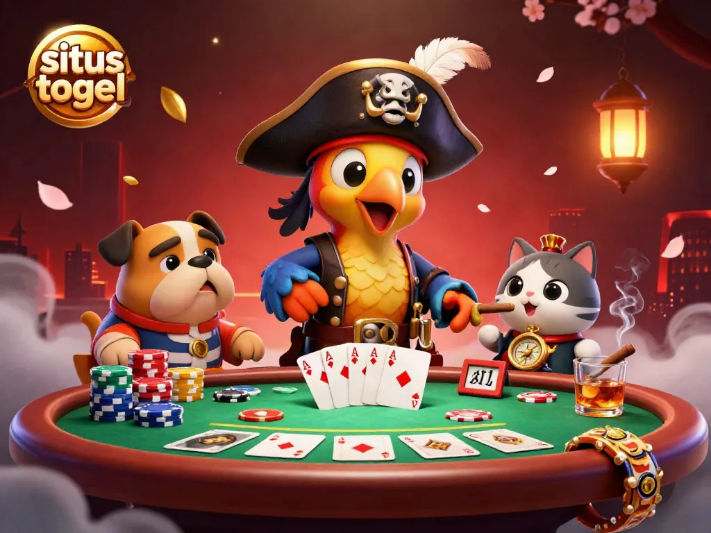 Situs togel themed colorful scene showcasing a pirate captain and friends around an exciting poker table