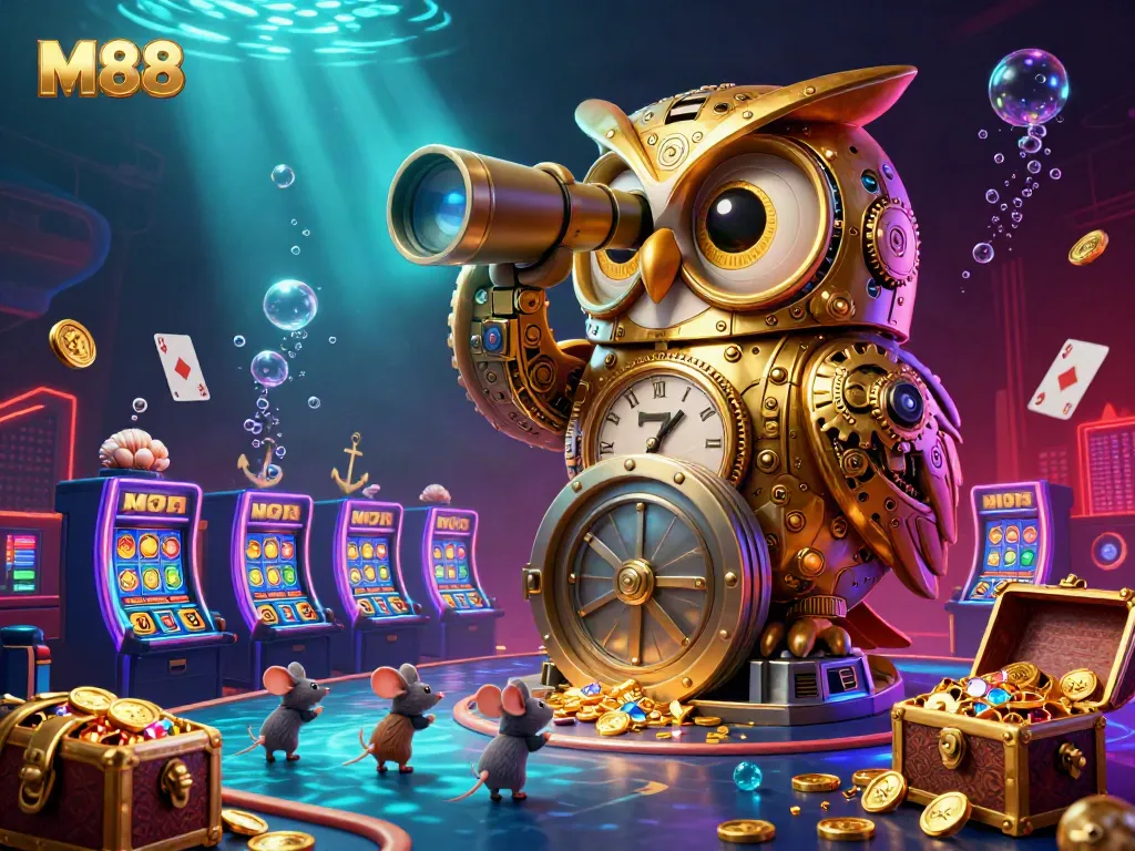Experience the vibrant world of M88 with animated characters amidst dazzling casino scenes and dynamic games.