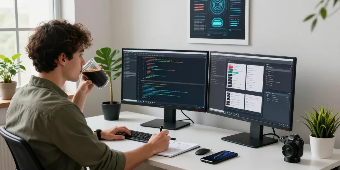 Developer coding in a modern workspace, showcasing WhatsApp下載 integration and productivity tools.