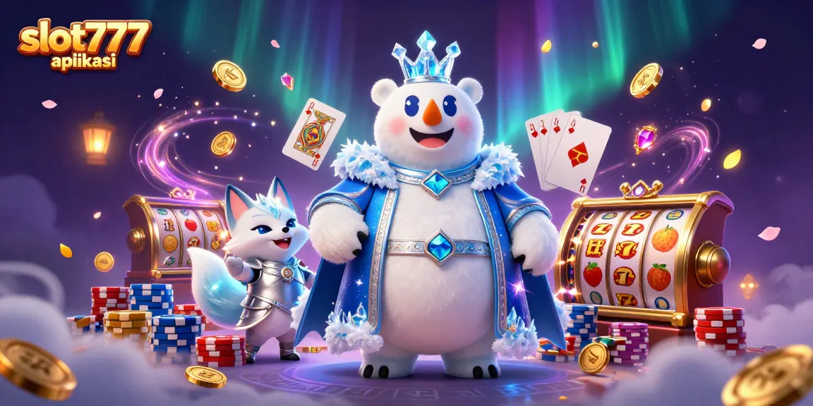 Experience thrilling entertainment with slot777 aplikasi alongside a polar bear and snow fox in an engaging 3D casino scene.
