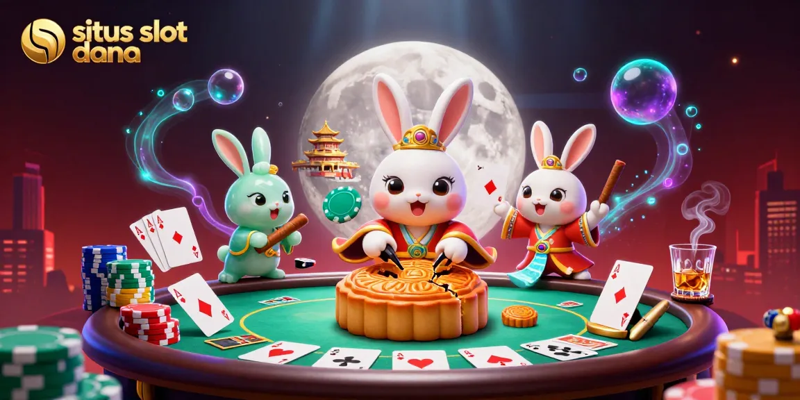 Permainan situs slot dana menampilkan kelinci bulan memukul kue bulan emas dengan chip poker di sekitarnya.
