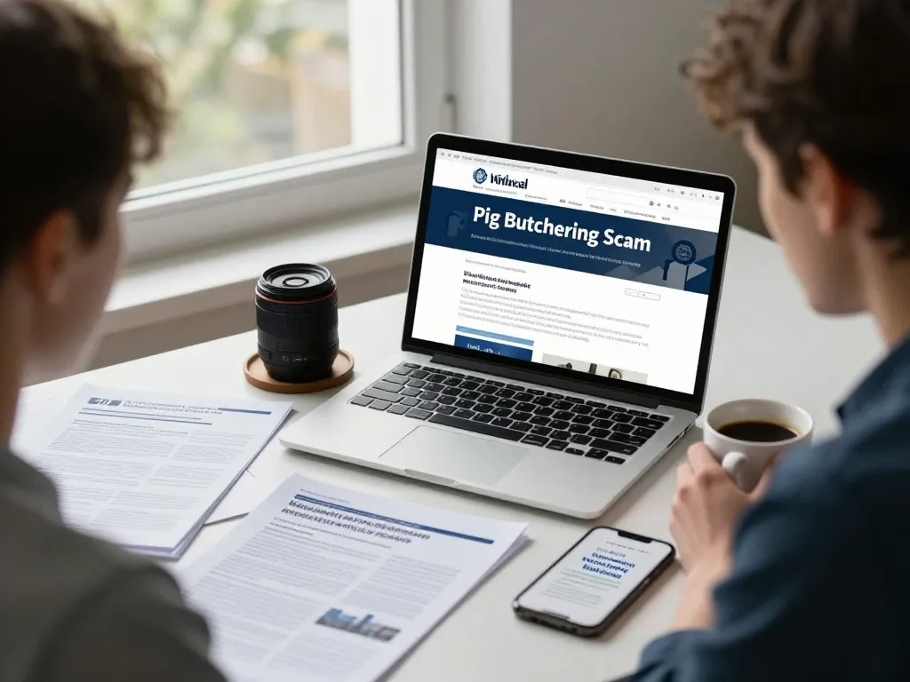 Person researching the Pig Butchering Scam in a focused home office setting.