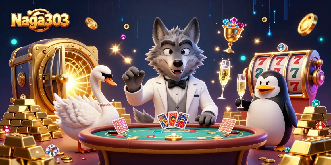 Naga303 showcases exciting slot games featuring vibrant characters and glamorous rewards in a lively casino scene.