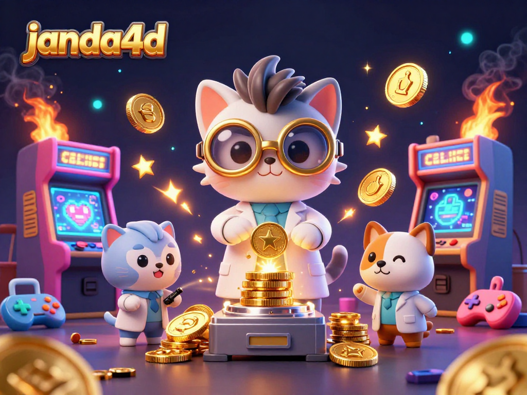 Gambarkan keberuntungan di janda4d dengan kucing ilmuwan dan anjing setia, dikelilingi mesin arcade dan koin emas.
