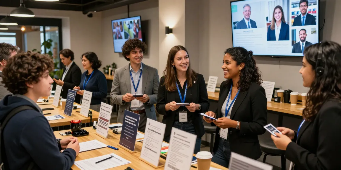 University and trade schools graduates networking at event, exchanging ideas and business cards.