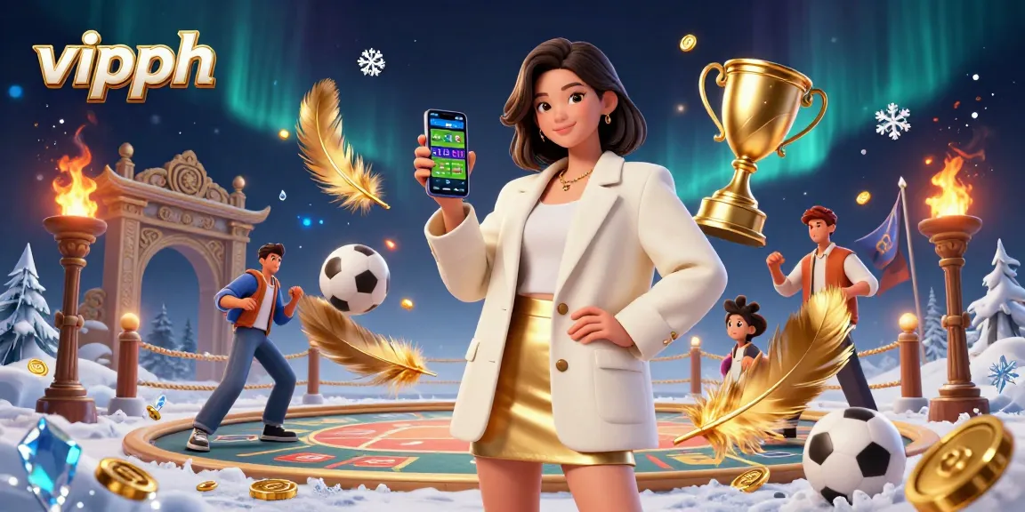 Engage with vipph using an interactive sports betting app displayed by a stylish Asian woman in a vibrant casino setting.