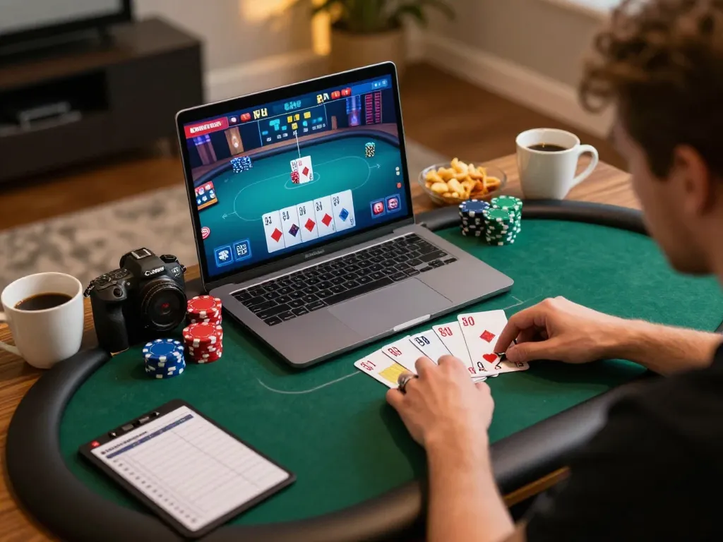 Player engaged in online poker game with 888new on laptop, showcasing strategic gameplay and home comfort.