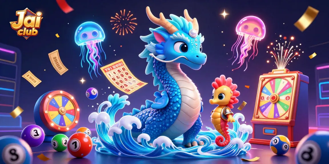 Engage with Jai club's exciting lottery games illustrated by a vibrant 3D dragon, knight, and jellyfish.