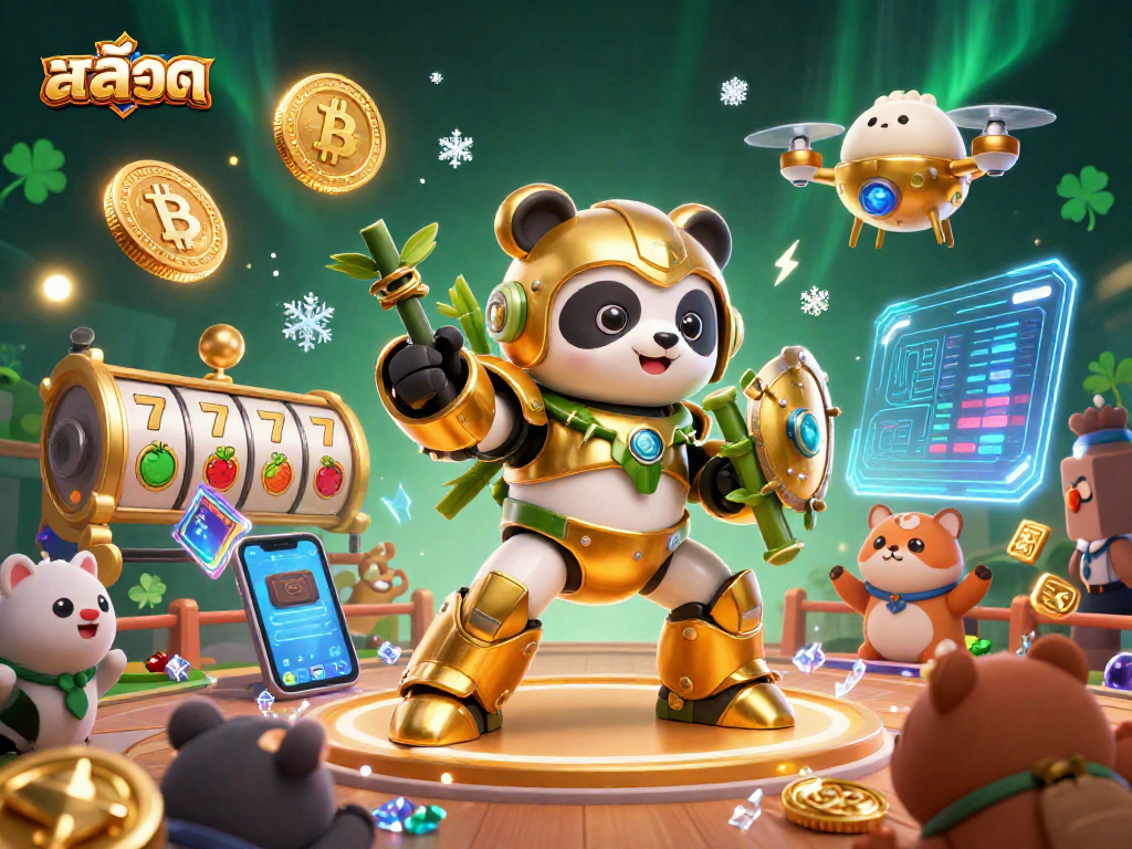 Engage in สล็อต gaming with a 3D mech-suit panda battling in a vibrant casino arena.