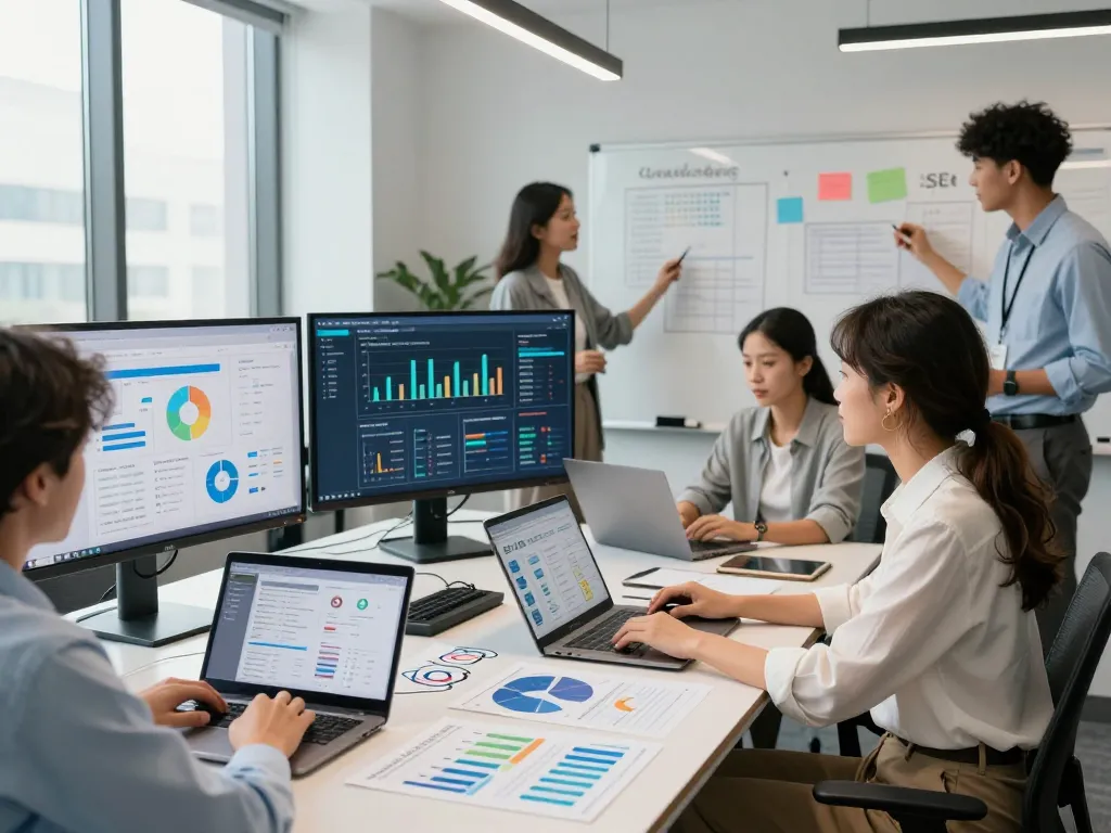 Team collaboration in a modern office showing the best SEO Company NYC with individuals analyzing data and strategies.
