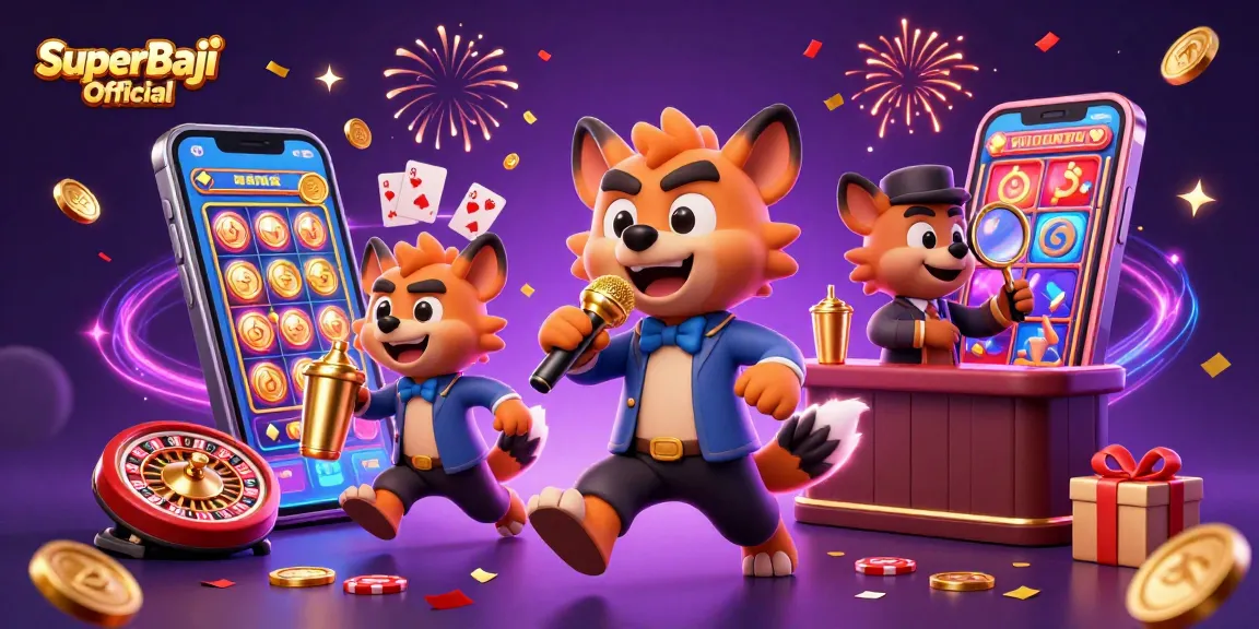 Experience the fun with SuperBaji Official in this vibrant casino scene with hyena characters.