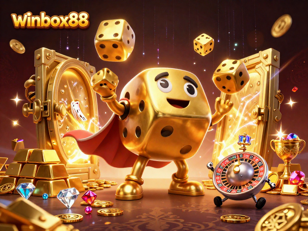 Join the excitement at winbox88 with a golden dice golem juggling dice and treasures.