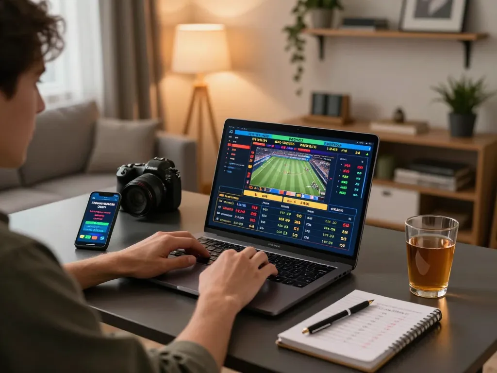 Person engaged in online sports betting at home via laptop and smartphone on xo88 platform.