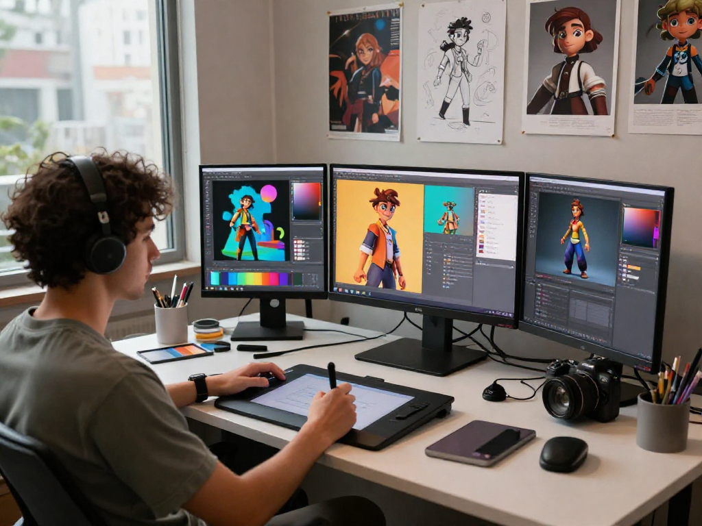 A creative workspace featuring character AI NSFW design elements with an artist at work.