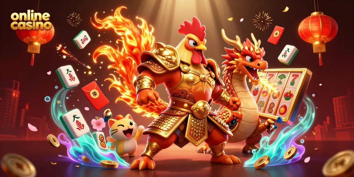Engaging scene showcasing online casino elements with a cartoon rooster warrior, dragon hatchling, and festive symbols.