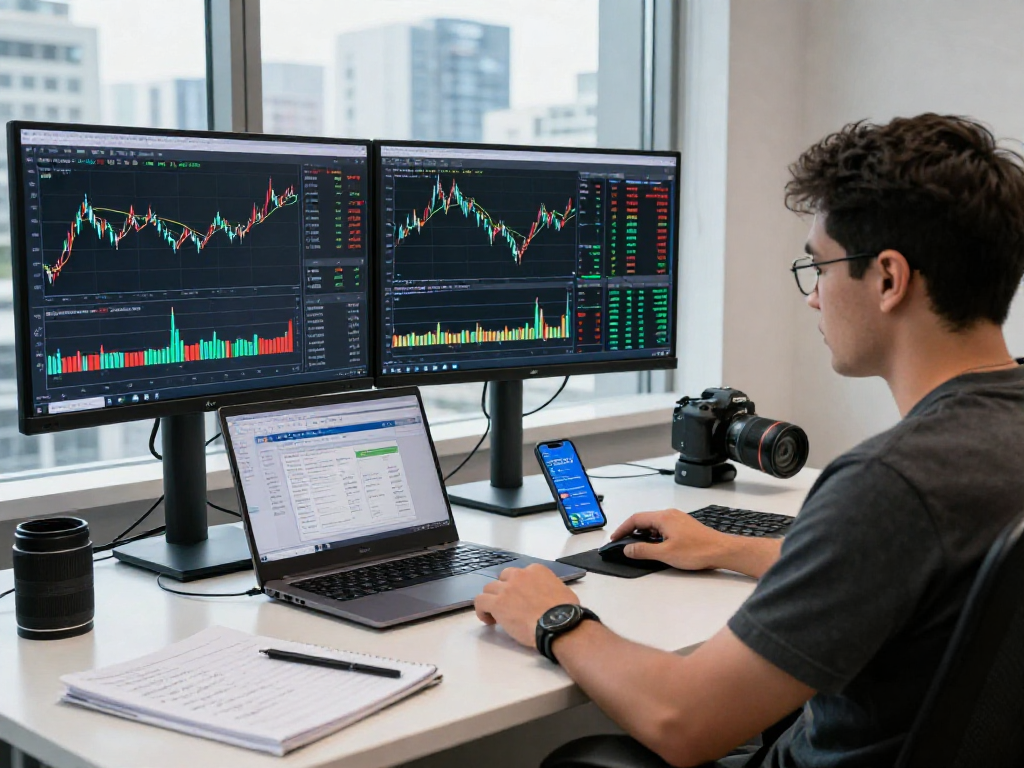 Trader engaged with MetaTrader 5 platform in a high-tech workspace with live charts and analysis tools.