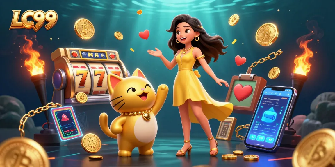 LC99 brings excitement with a cheerful woman and lucky cat in a vibrant casino scene.