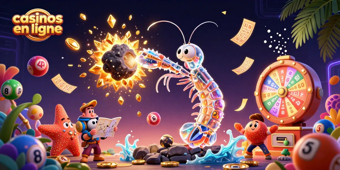 Illustration dynamique de casinos en ligne avec un mantis crevette samouraï et des éléments de jeu éparpillés