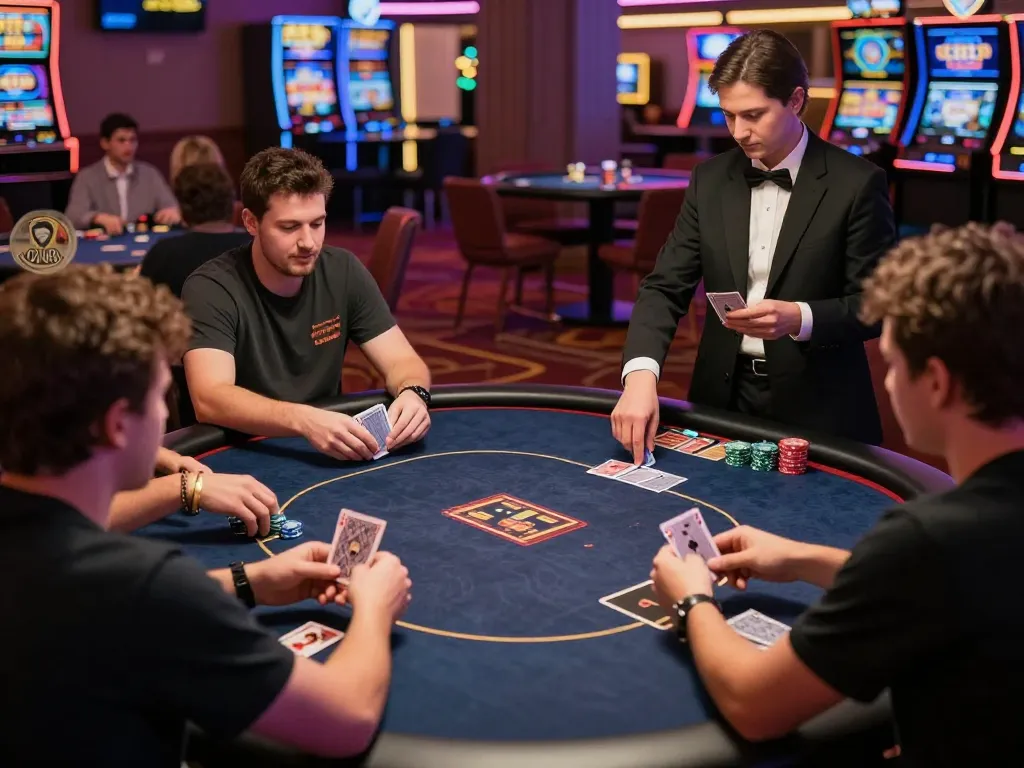 An engaging poker scene at jun88bet casino featuring players strategizing their hands amidst vibrant surroundings.