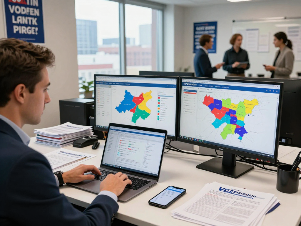 Political search advertising strategies analyzed in a vibrant campaign office.
