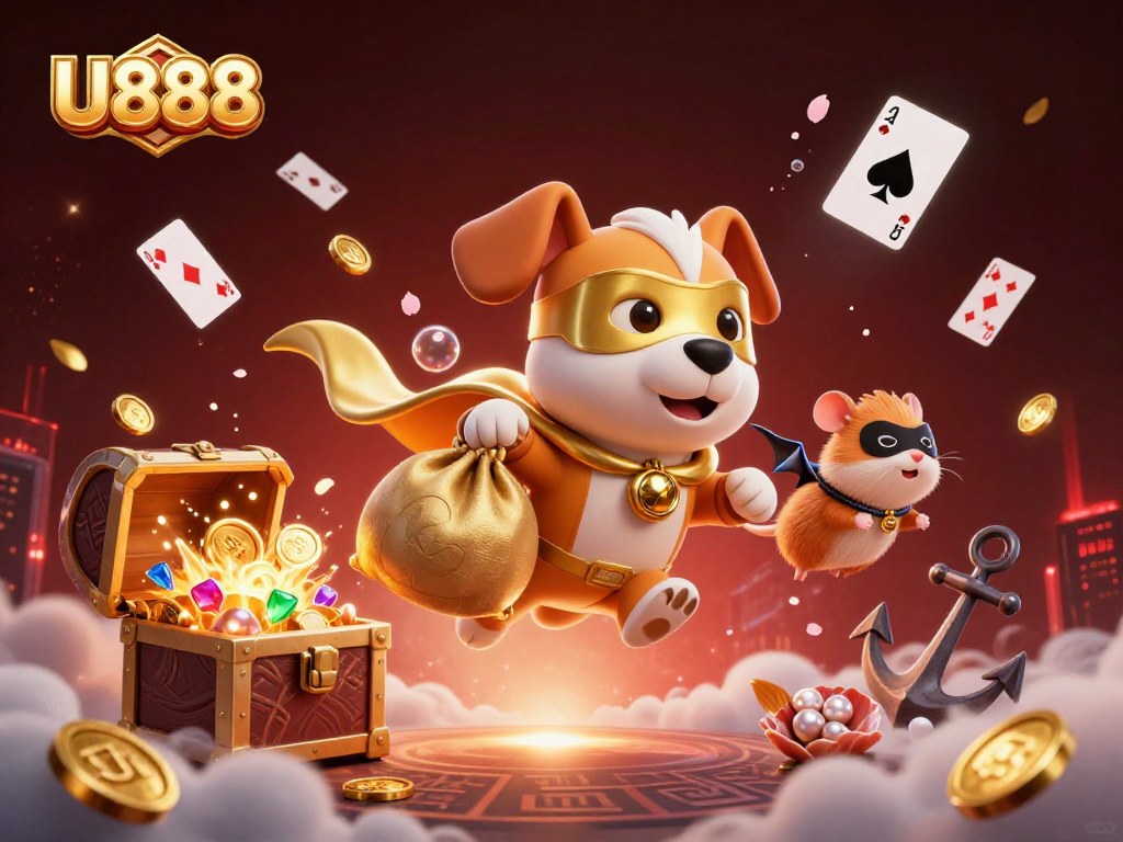 Experience thrilling gameplay at U888 with a cartoon superhero dog and hamster flying amidst coins and games.