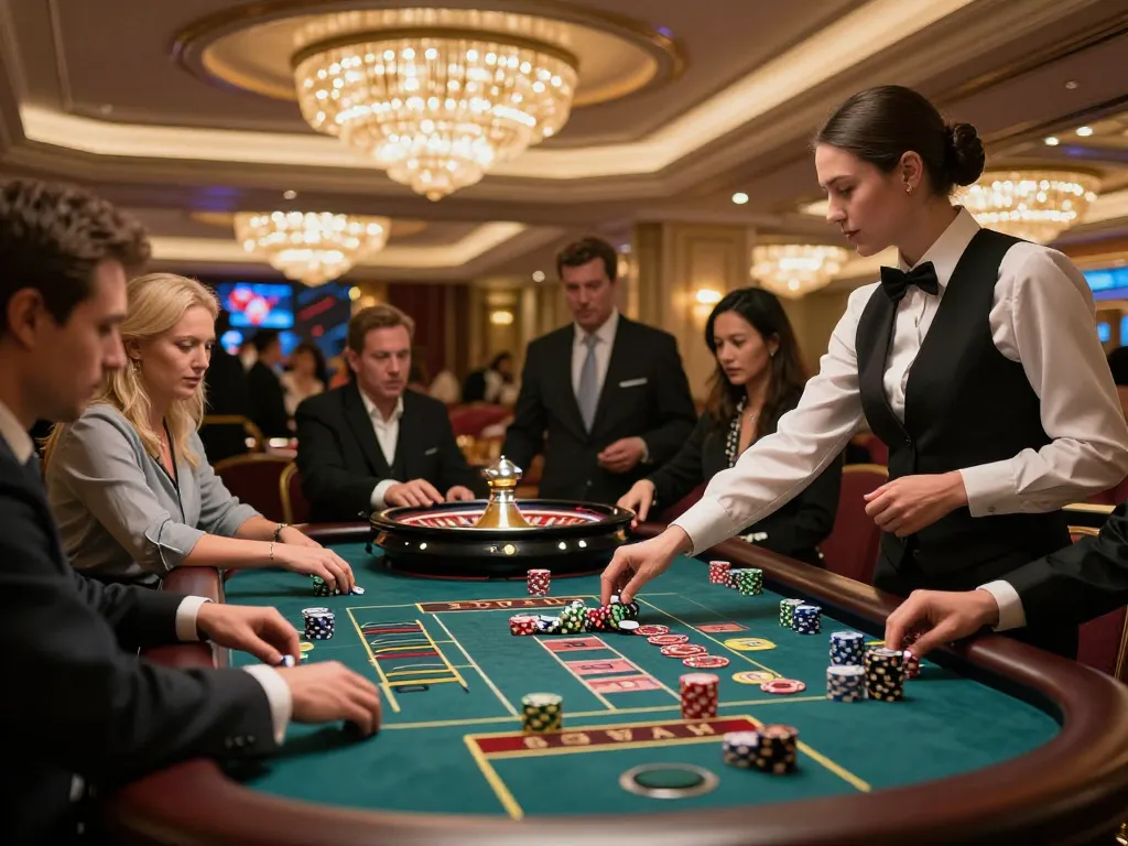 Engaging gameplay at lc88 com roulette table, vibrant atmosphere with players and croupier.
