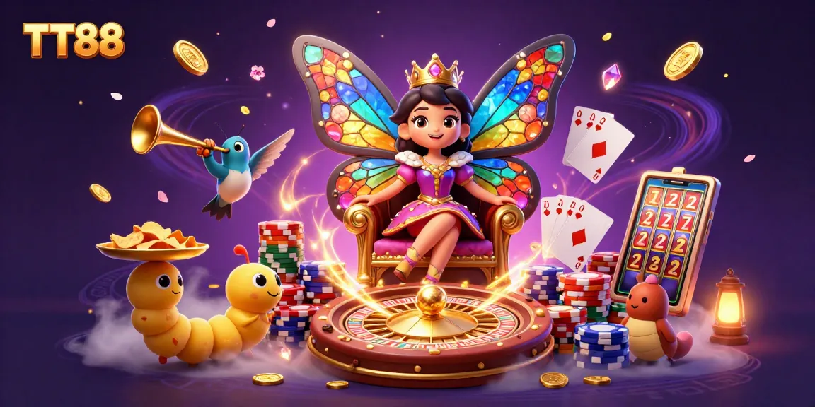 Experience TT88 with dynamic casino elements, including a butterfly queen and golden coins.