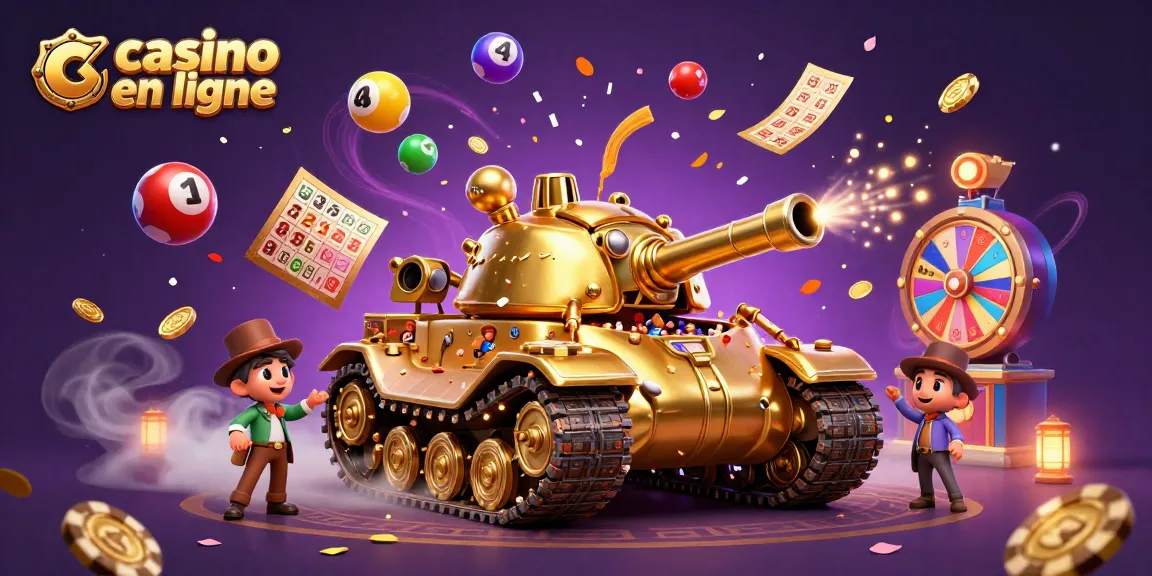Vivez l'excitation d'un casino en ligne avec un tank doré et des jeux flottants autour.