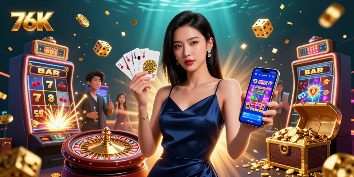 Engage with thrilling slots at 76K, featuring an elegant woman, a jackpot explosion, and exciting casino app displays.