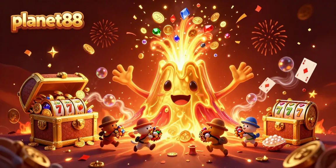 Engage with planet88's online gaming experience featuring a golden volcano erupting with treasures and thrilling slot elements.