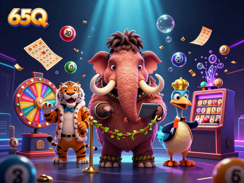 Controle de acesso animado em cassino 65Q com personagens divertidos e elementos de jogo vibrantes.