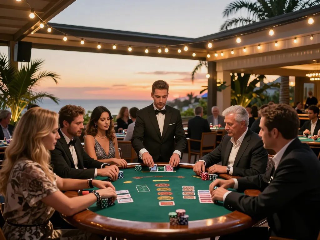 Players engaging in strategic blackjack gameplay at a luxurious casino resort, highlighting vk88 excitement.