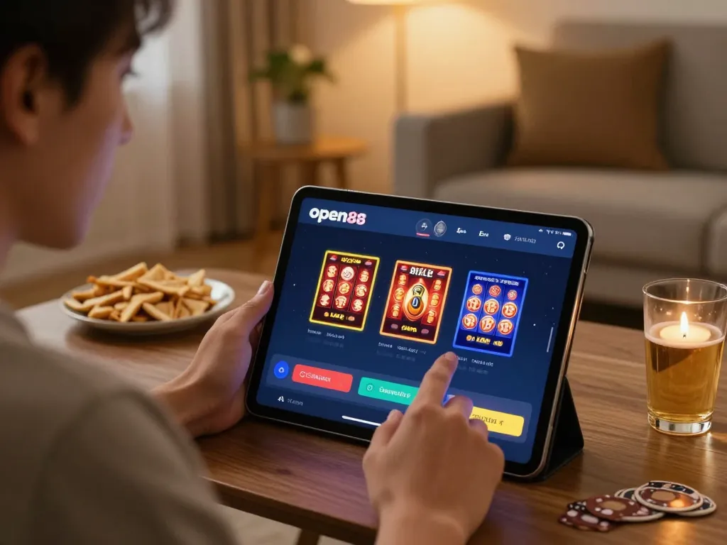 Player engaging with the open88 platform on a tablet while enjoying a cozy home atmosphere.