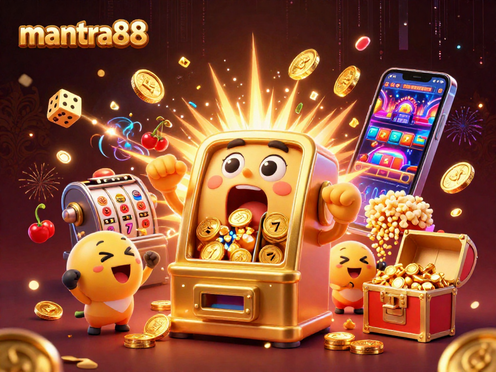 mantra88 slot machines celebrate a jackpot win amidst flying symbols and vibrant casino elements.