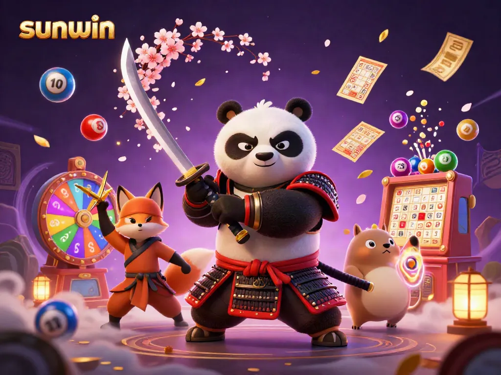 Engage with Sunwin's vibrant gaming scene as a samurai panda, ninja fox, and magical tanuki celebrate winning moments.