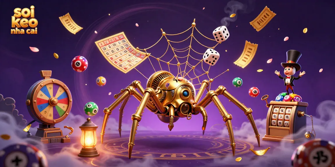 Soi keo nha cai with a steampunk golden spider in a dynamic casino scene filled with vibrant game elements.