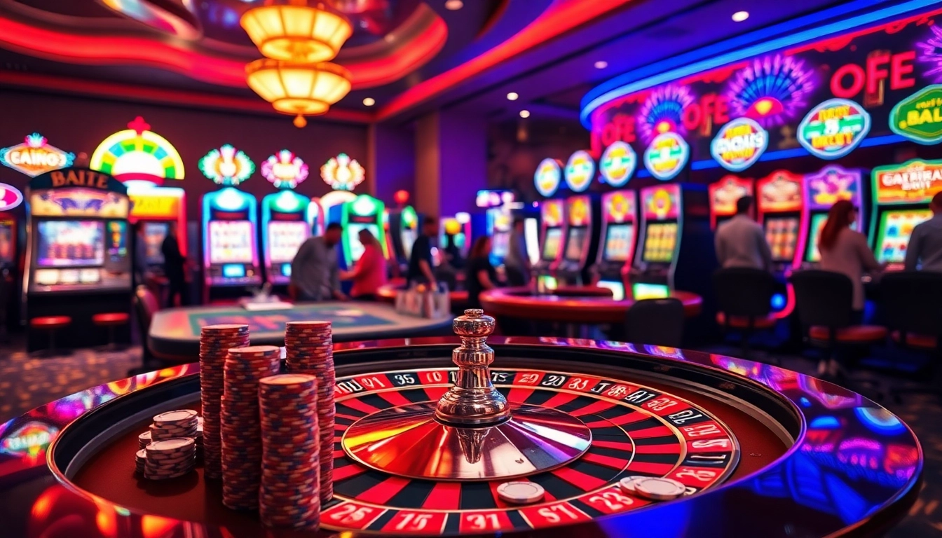Engaging scene of a lively non gamstop casino with vibrant gaming tables and excited patrons.