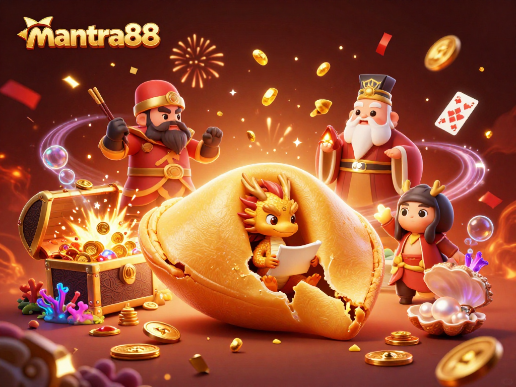 Experience fortune at mantra88 with a golden fortune cookie, dragon, and treasure chest illustration.