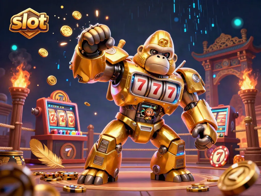Slot menghasilkan jackpot dengan gorila emas dari mesin slot, menarik perhatian dengan kombinasi simbol menang.