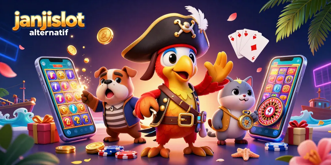 Play exciting slot games visually portrayed through janjislot alternatif in this vibrant 3D illustration with characters and game elements.