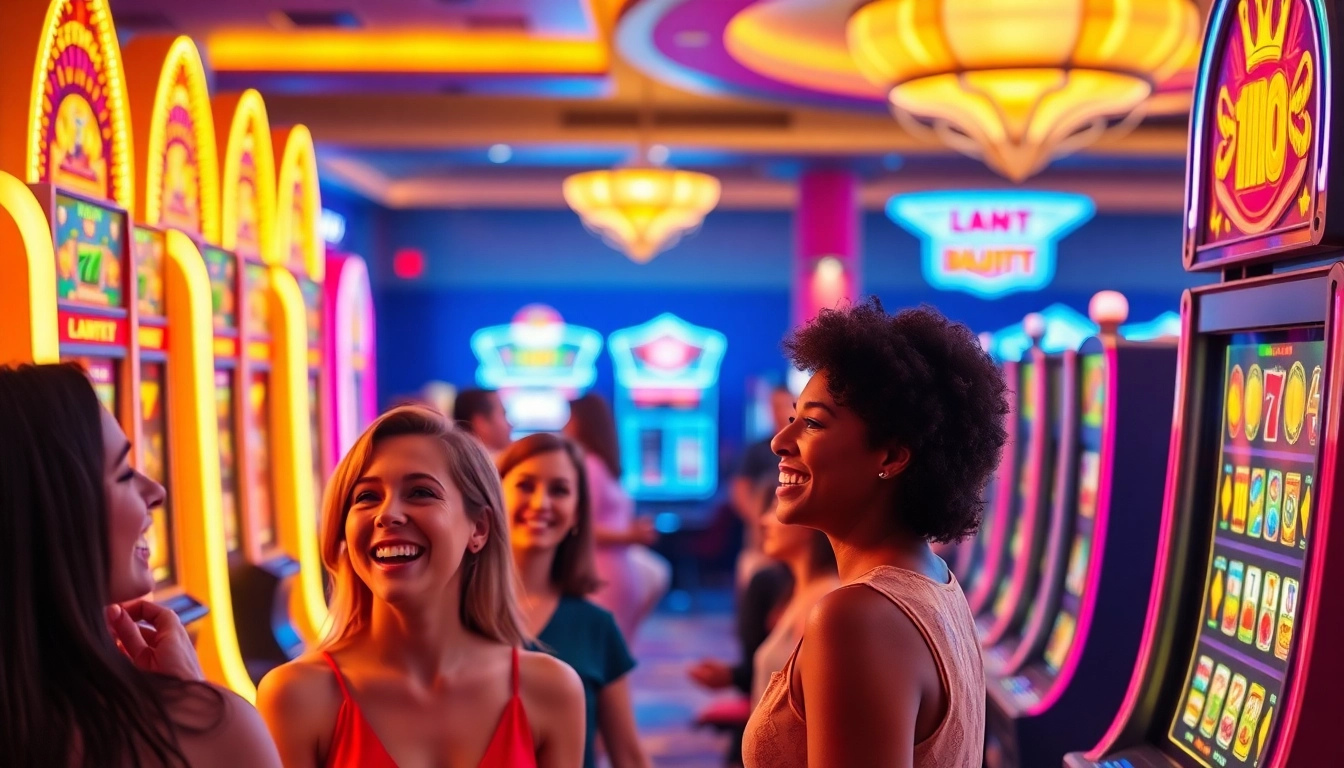 Menangkan slot777 di kasino yang ramai dengan mesin slot berwarna-warni dan lampu cerah.