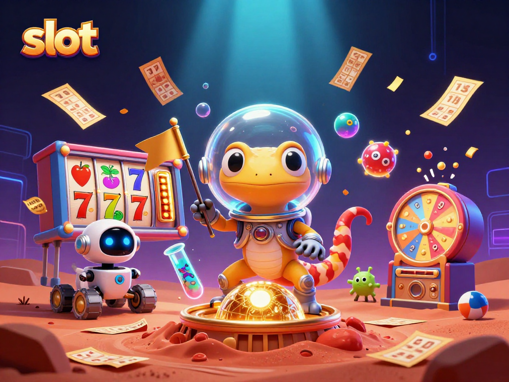 Spin to win with the playful slot-themed Martian gecko in a fantasy casino!