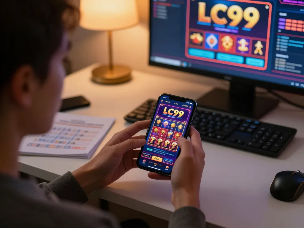 Player using LC99 app for online gambling, smartphone display showing exciting game interface.