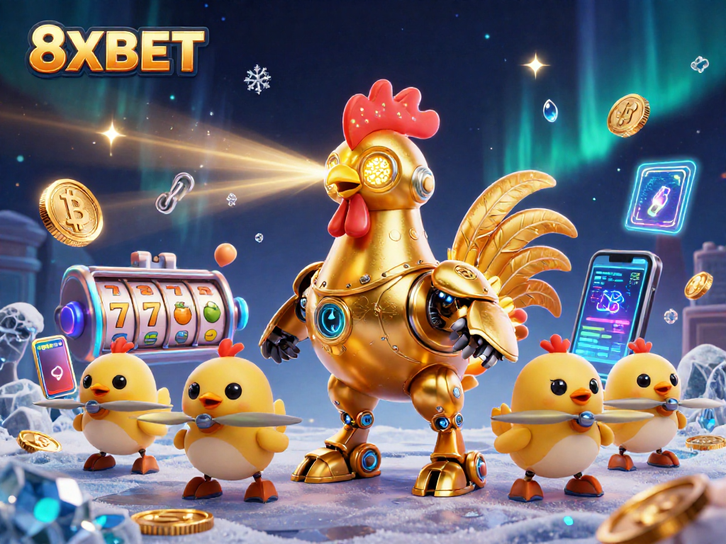 Experience vibrant 8XBET gaming with a futuristic robot and dynamic gambling elements in an engaging visual.
