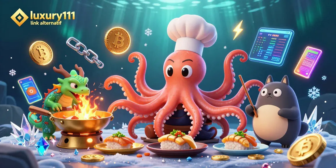 Engage with the exclusive luxury111 link alternatif experience featuring a sushi chef octopus preparing exquisite dishes amidst a vibrant casino atmosphere.