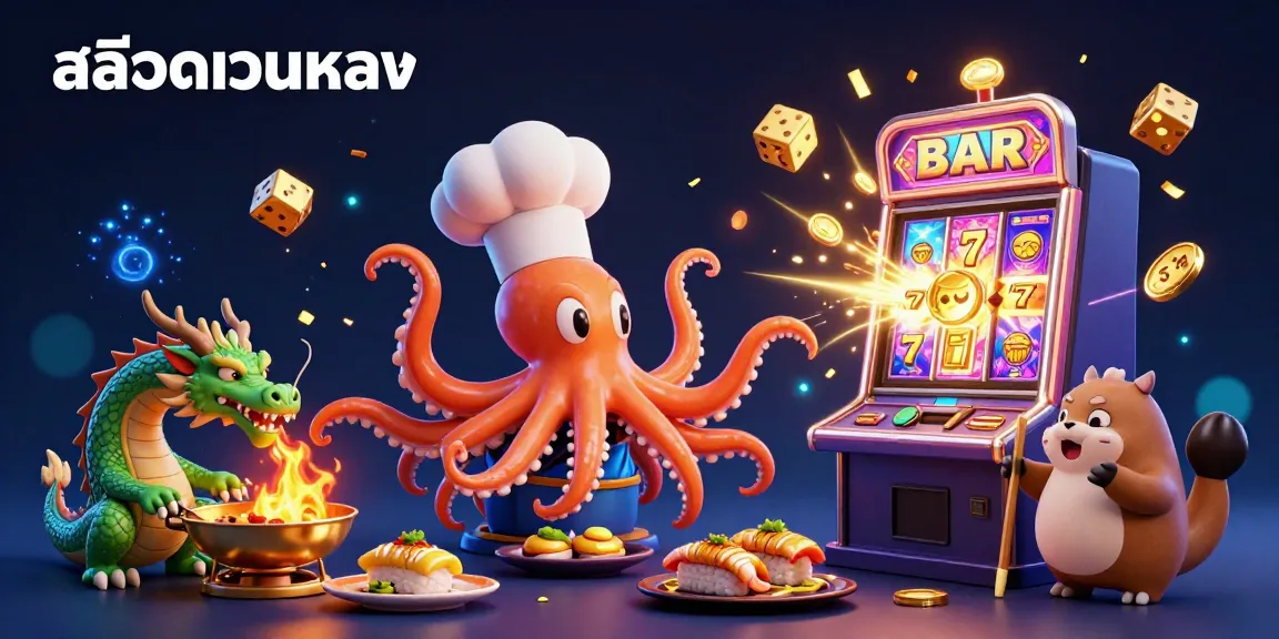 Experience excitement with สล็อตเว็บตรง as the sushi chef octopus prepares golden dishes in a vibrant casino.