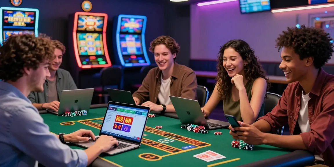 Freunde genießen einen unterhaltsamen Spielabend mit Paysafe Card Casino-Optionen auf Laptops und mobilen Geräten, umgeben von lebhaften Casino-Dekorationen.
