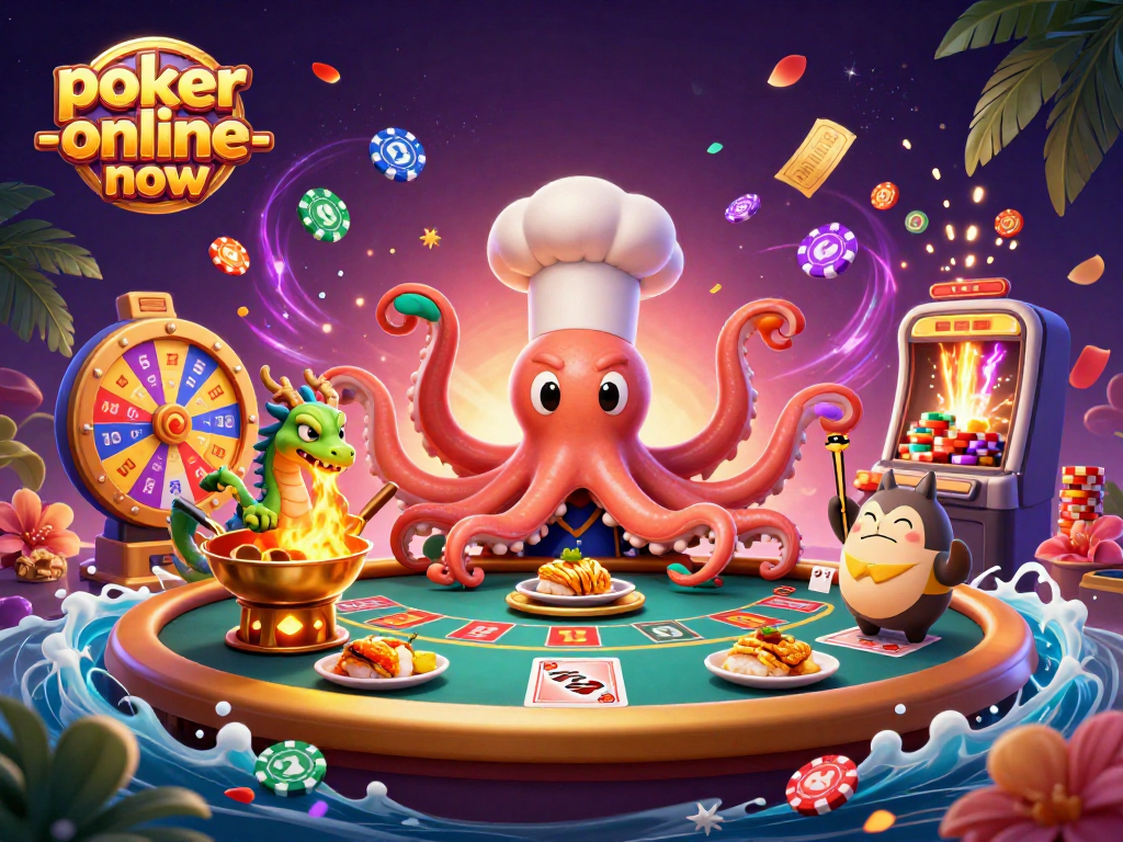 Poker-online-now showcases an exciting 3D octopus chef at a casino table creating vibrant dishes with animated poker elements.